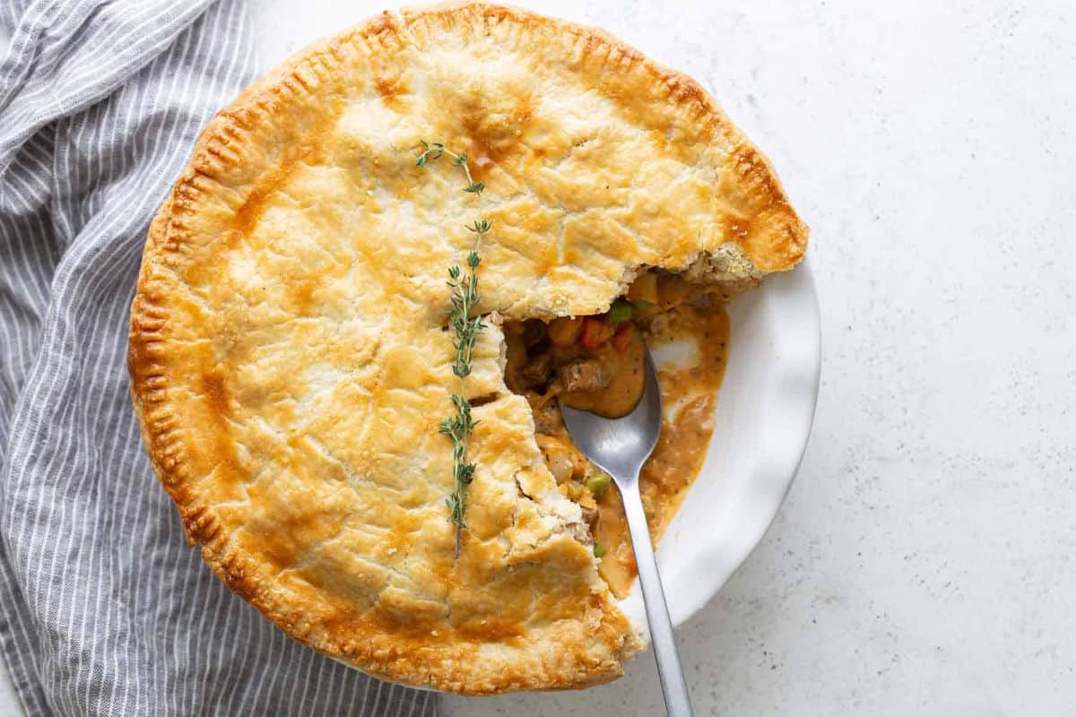 Flaky pie filled with beef and vegetables.