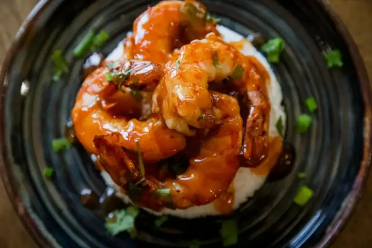 Griddled shrimp in sticky sweet chili glaze.