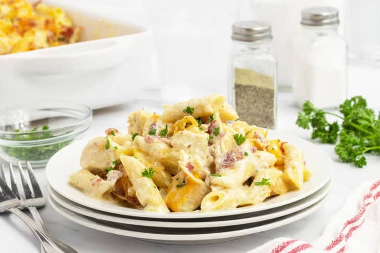 Comforting bake with chicken, bacon, cheese, and ranch.
