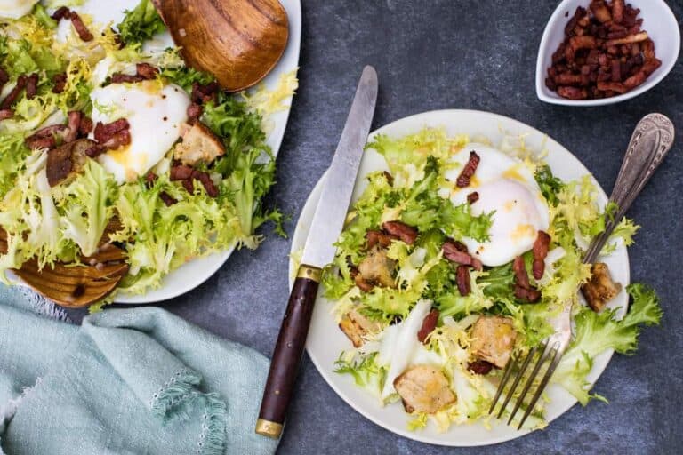Bitter greens salad with crunchy croutons.