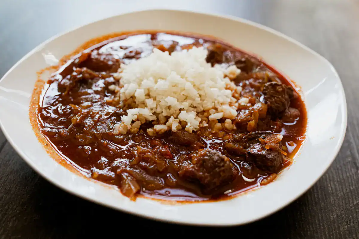 Hearty bowl of beef chunks simmered with cabbage.