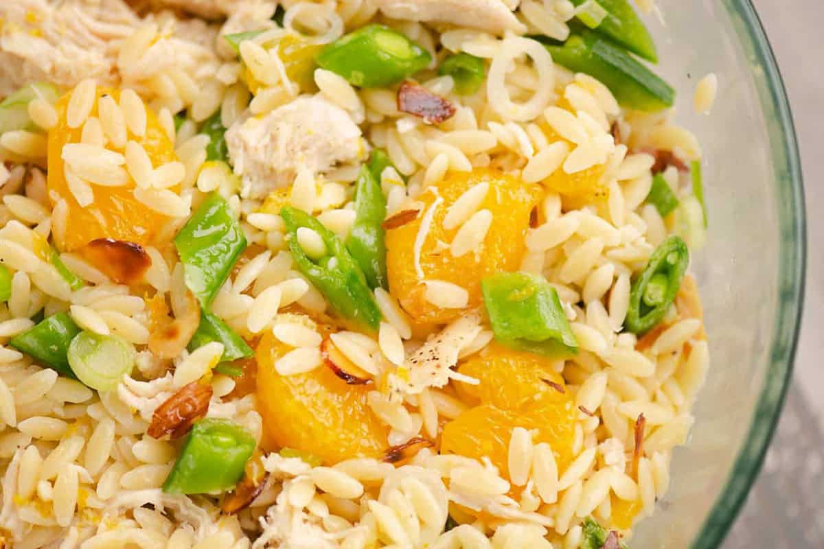 Pasta salad with chicken, orange, and ginger dressing.