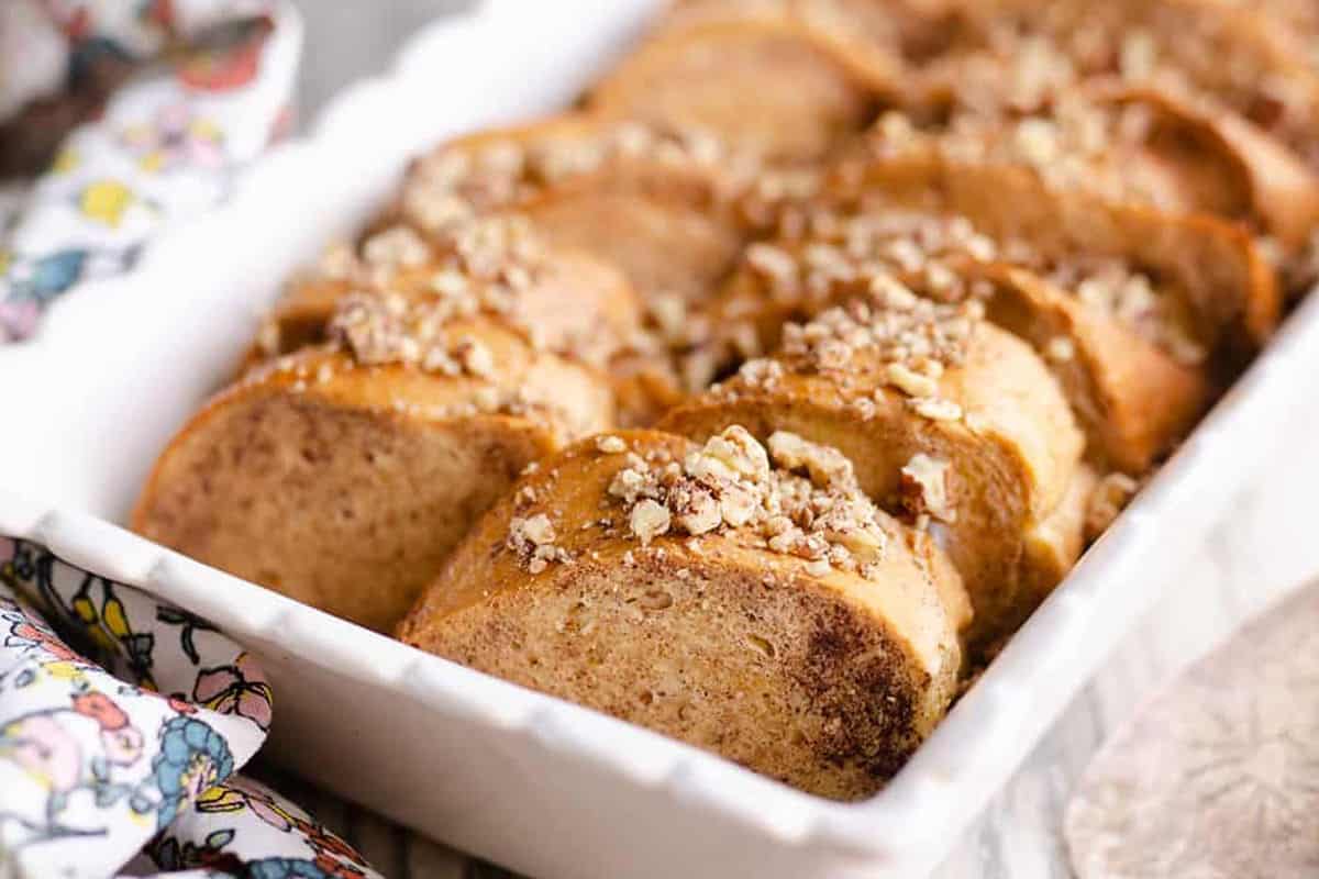 Sweet baked French toast with pecans and cinnamon.