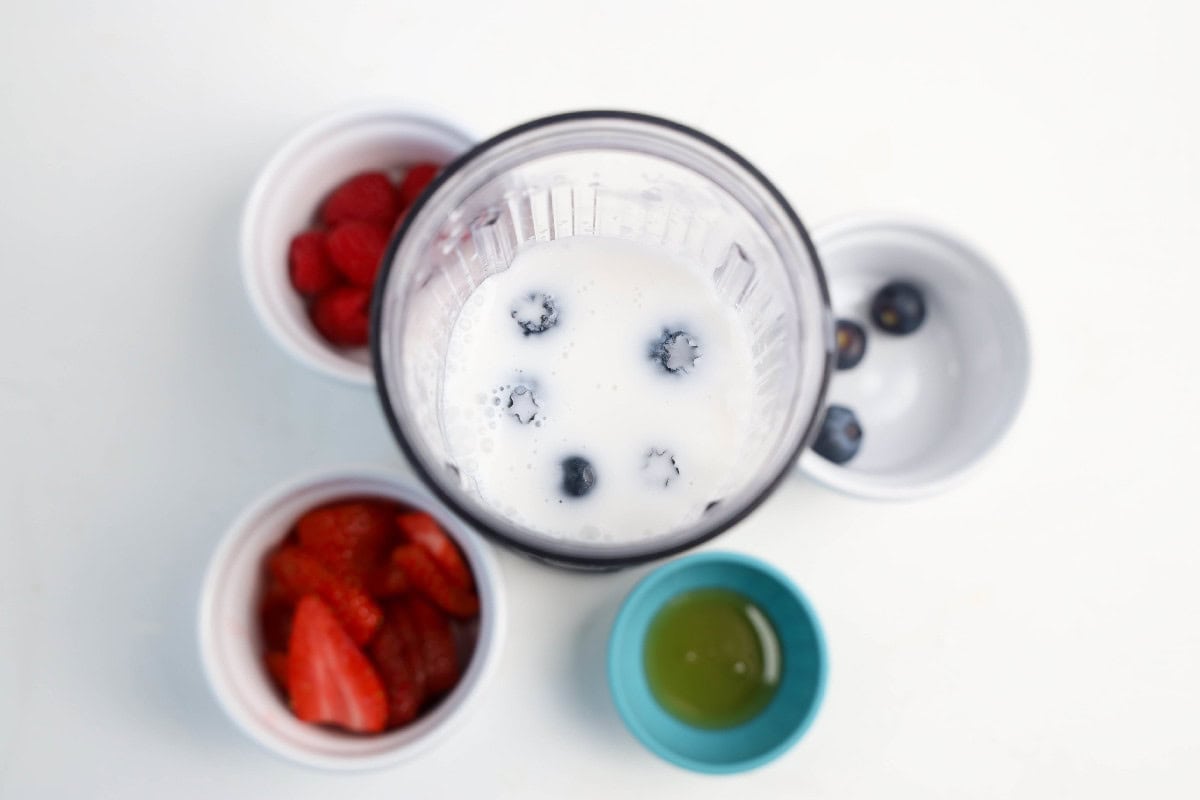Top-down view of a blender cup filled with blueberries and coconut milk.