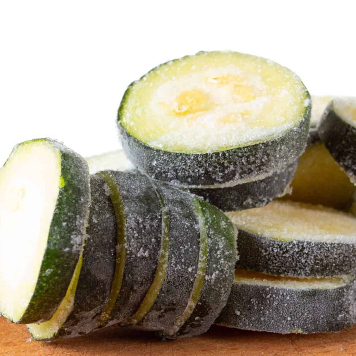 Close-up of frozen zucchini slices ready for soups, stir-fries, and healthy recipes.