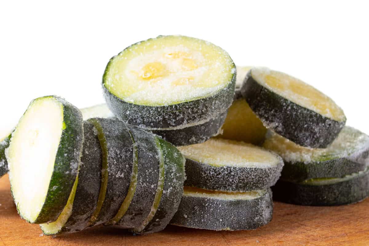Close-up of frozen zucchini slices ready for soups, stir-fries, and other recipes.