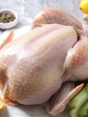 Fresh whole turkey on a kitchen counter with carrots, onions, celery, garlic, lemon, and assorted spices.