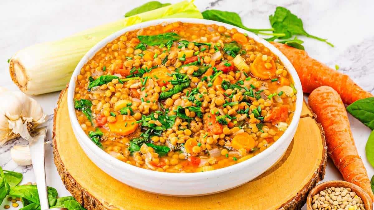 Lentil soup in a rustic bowl.