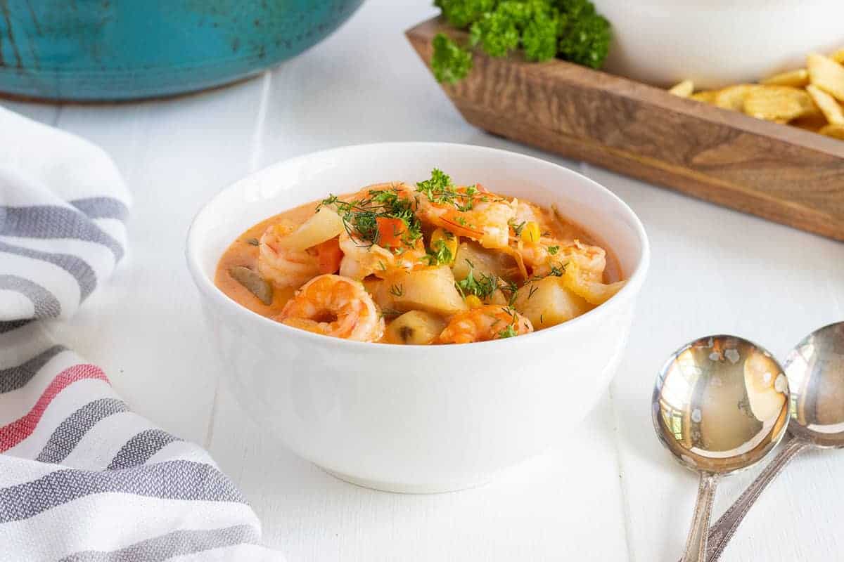 Hearty seafood chowder in a bowl.