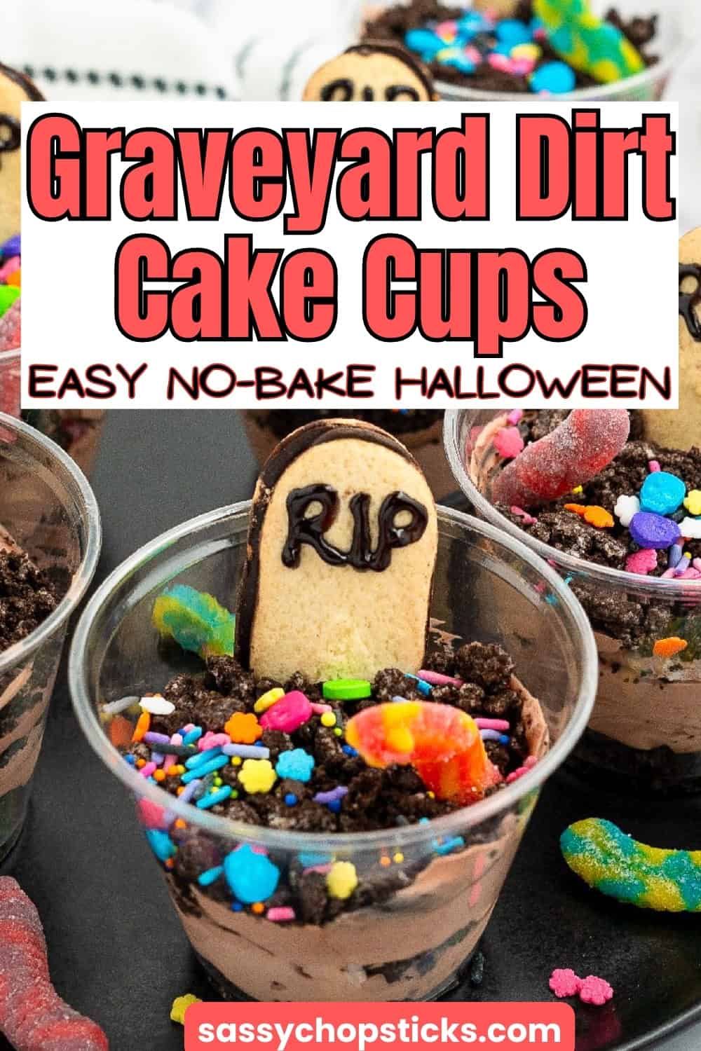 Spooky Halloween dirt cake cups pin.