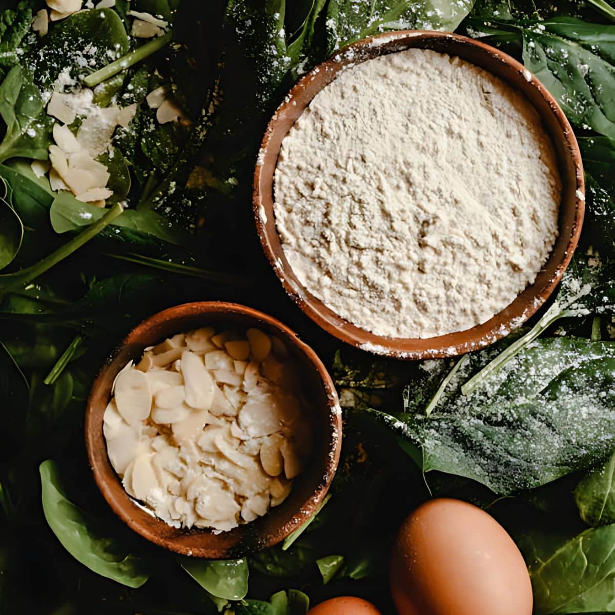 Bowl of almond flour with almond flakes beside brown eggs.