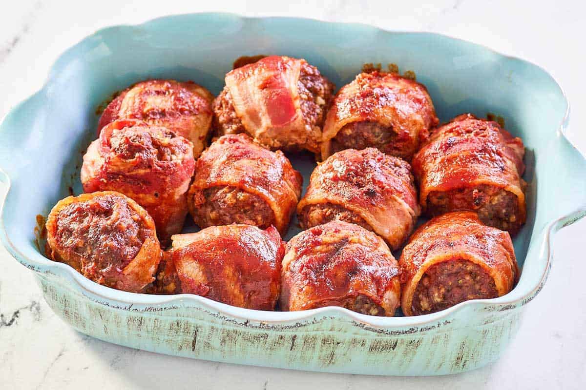 Juicy smoked meatballs wrapped in bacon.