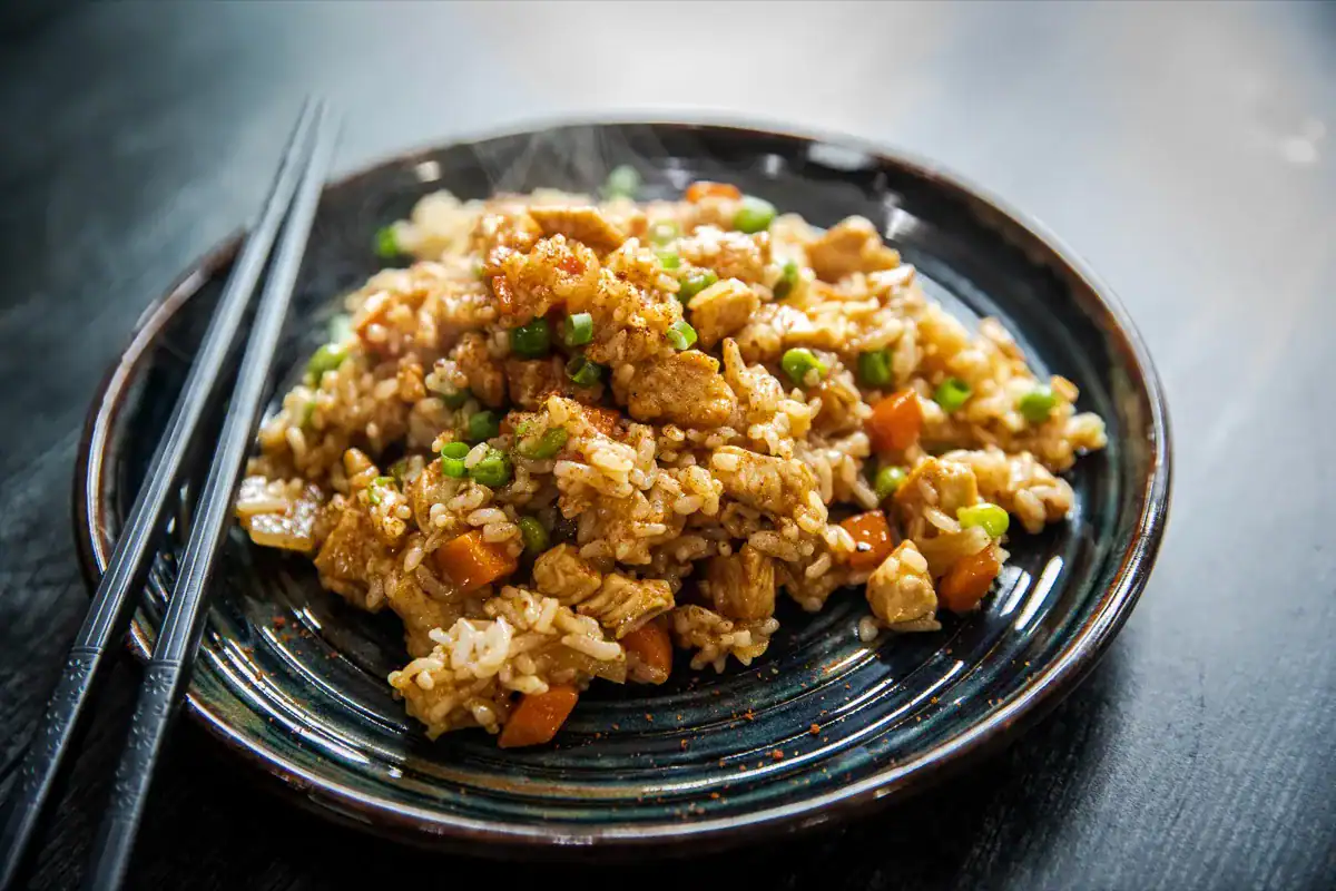 Chicken fried rice on a Blackstone.