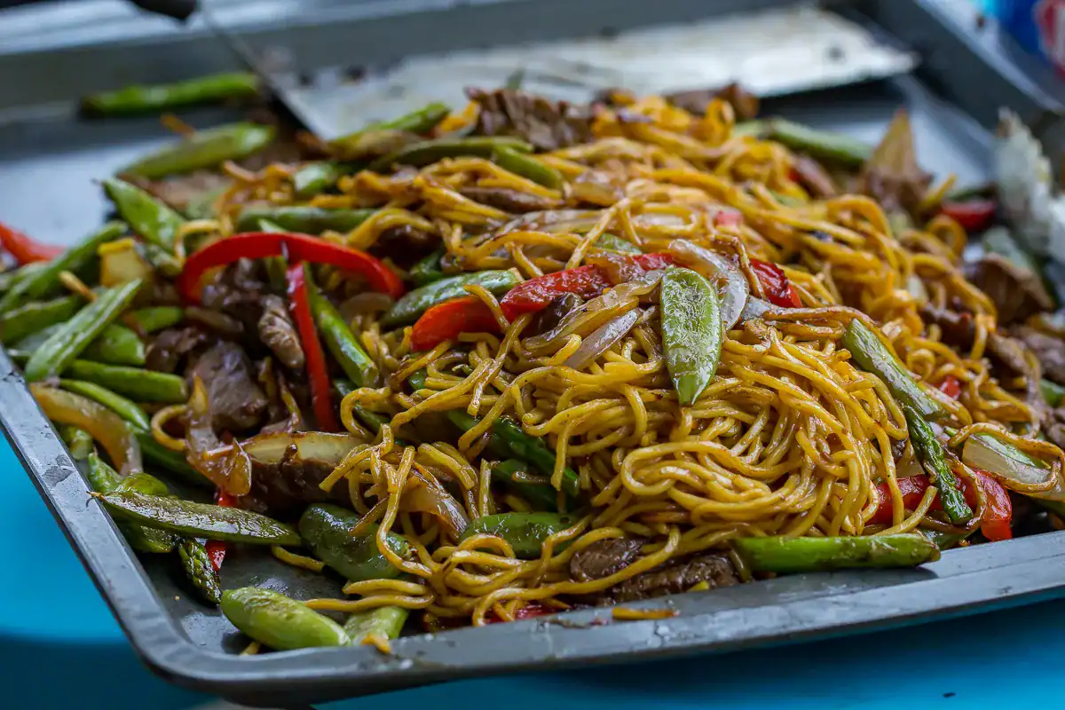 Yakisoba noodles with steak in teriyaki sauce.