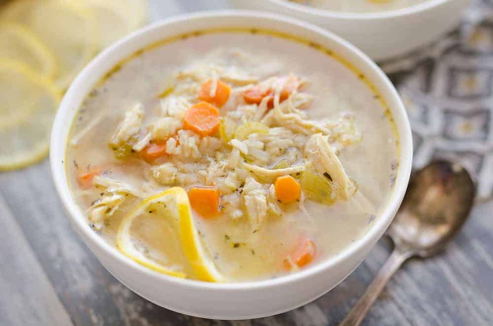 Lemon chicken brown rice soup with vegetables.