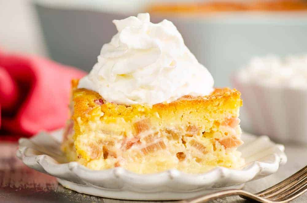 Rhubarb custard cake with soft texture.