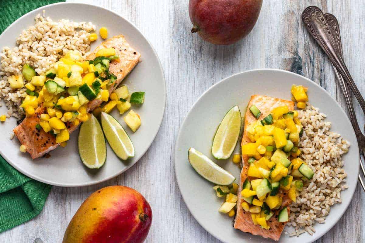 Grilled salmon topped with mango salsa.