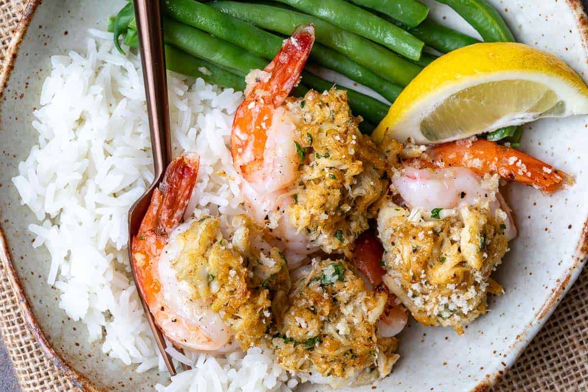 Shrimp baked and stuffed with crab meat.