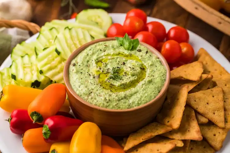 Avocado herb green goddess dip in a bowl.