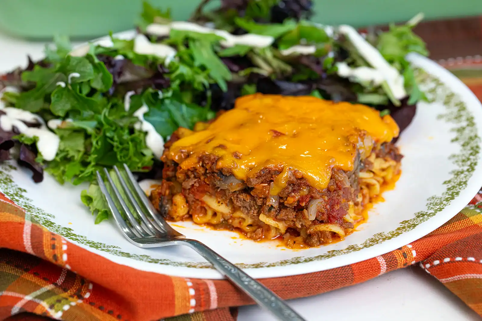 Classic Midwestern beef and noodle casserole.