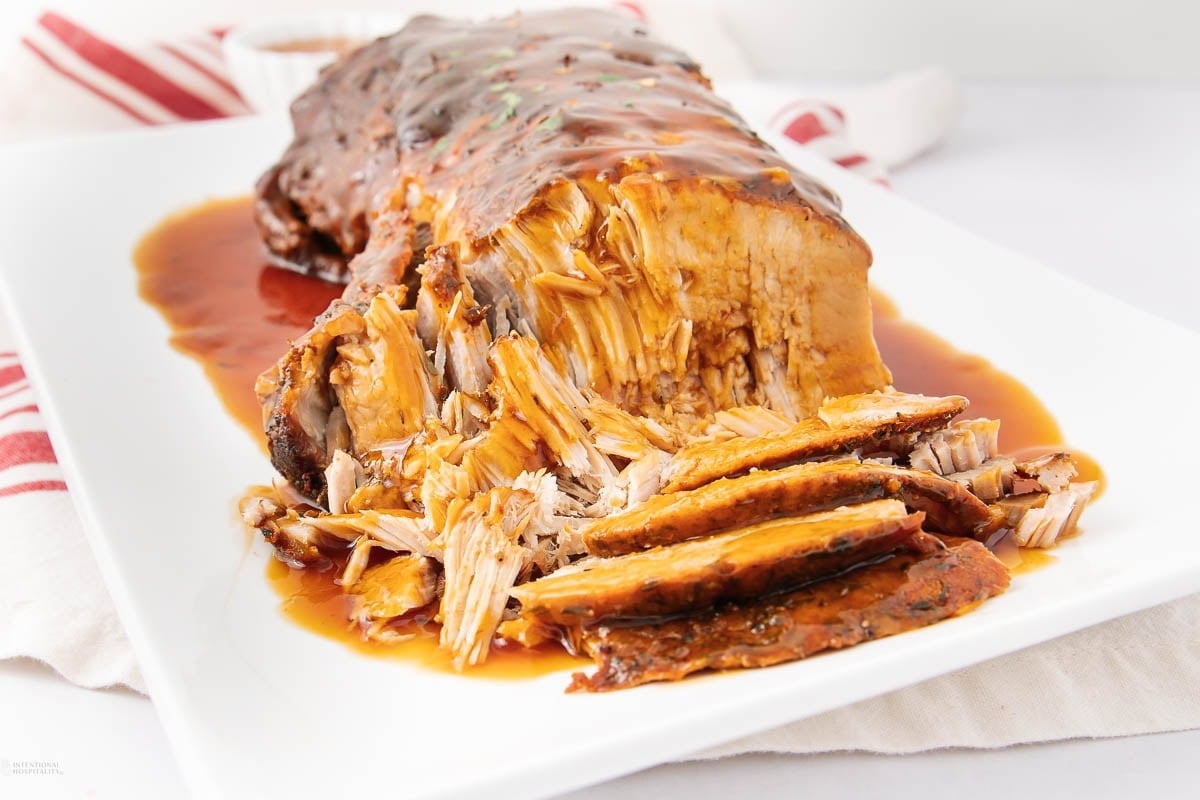 Tender pork loin cooked in crock pot.