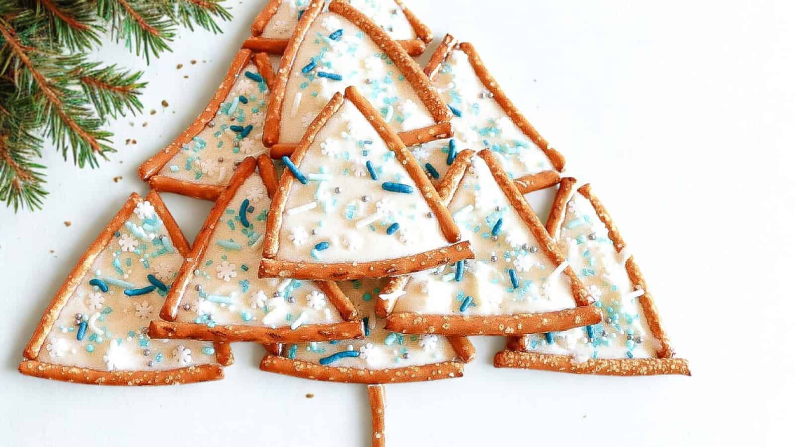 Christmas tree made from triangle pretzel cookies decorated with white icing, blue sprinkles, and snowflake candies, arranged on a white background with pine branches.