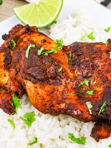 Close-up view of spiced tandoori masala chicken thigh on white rice with cilantro leaves.