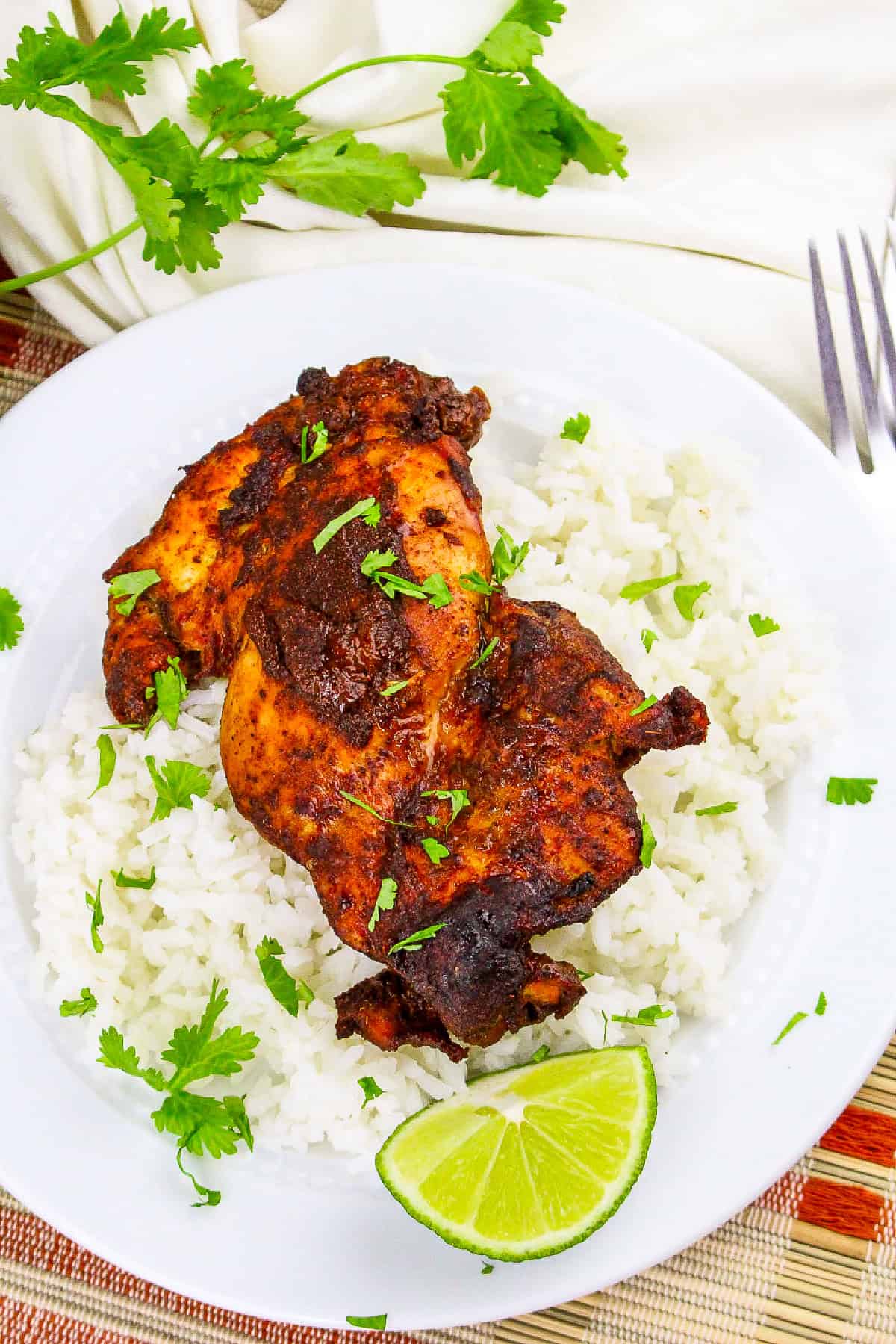 Close-up of tandoori masala chicken thigh on white rice, garnished with chopped cilantro and lime slice.