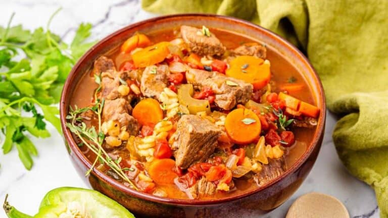 A comforting stew with beef and hearty vegetables.