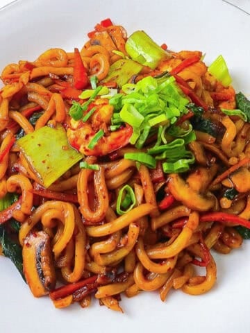 Close-up of shrimp yaki udon stir-fry with bok choy, mushrooms, carrots, and green onions on a white plate.