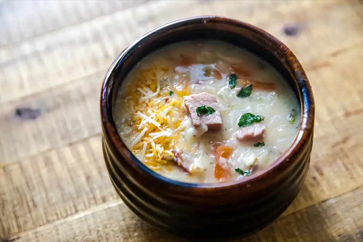 Ham and potato soup simmered in a rich creamy base.