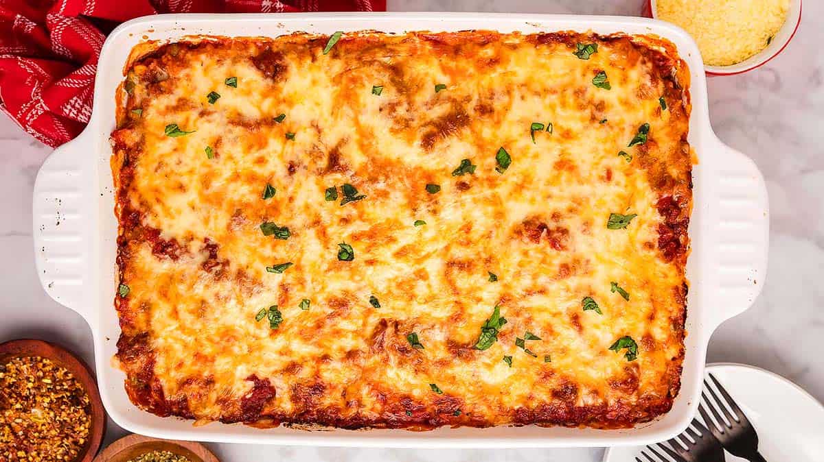 Italian baked rice casserole with cheese and tomato sauce.