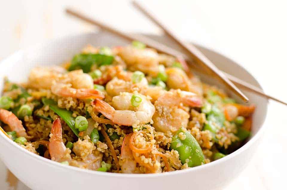Light shrimp fried quinoa with vegetables.