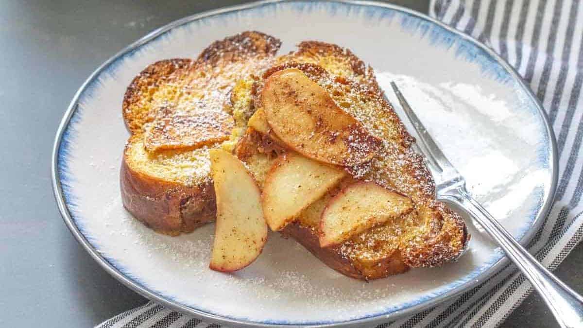Make-ahead French toast bake layered with apples and cinnamon.