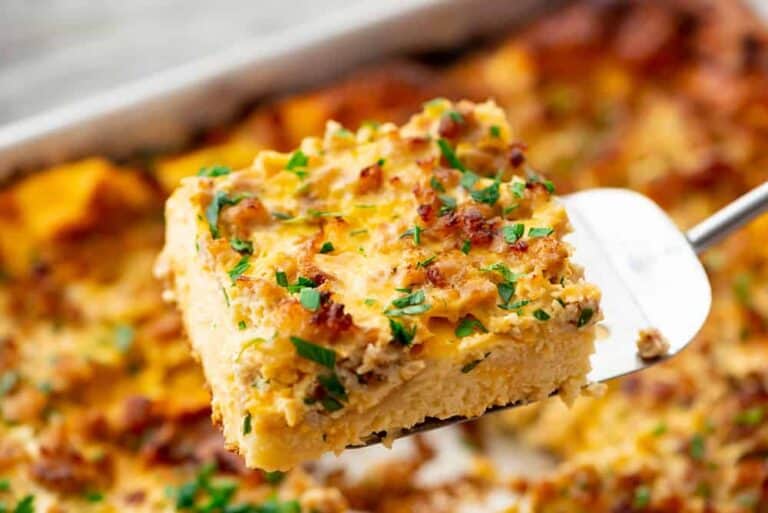 Hearty breakfast casserole with sausage, eggs, and melty cheese baked overnight.
