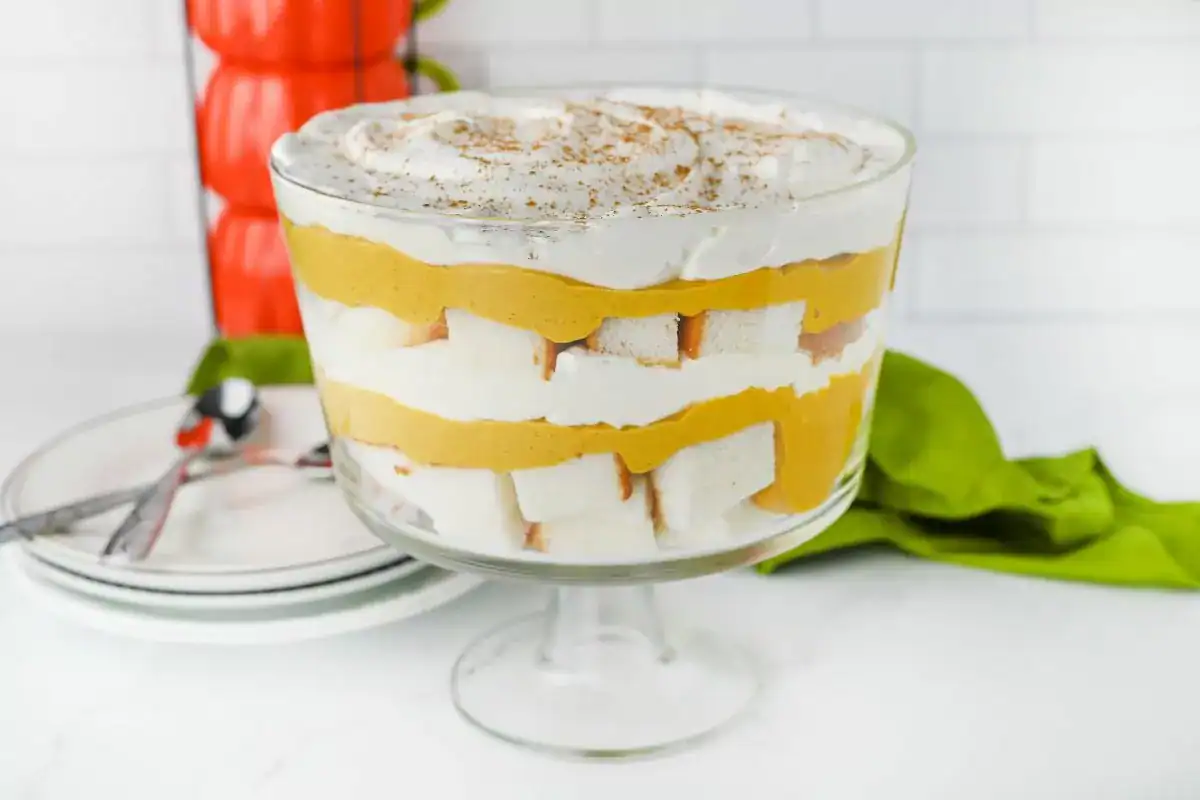 Pumpkin trifle layered with angel food cake and creamy filling.