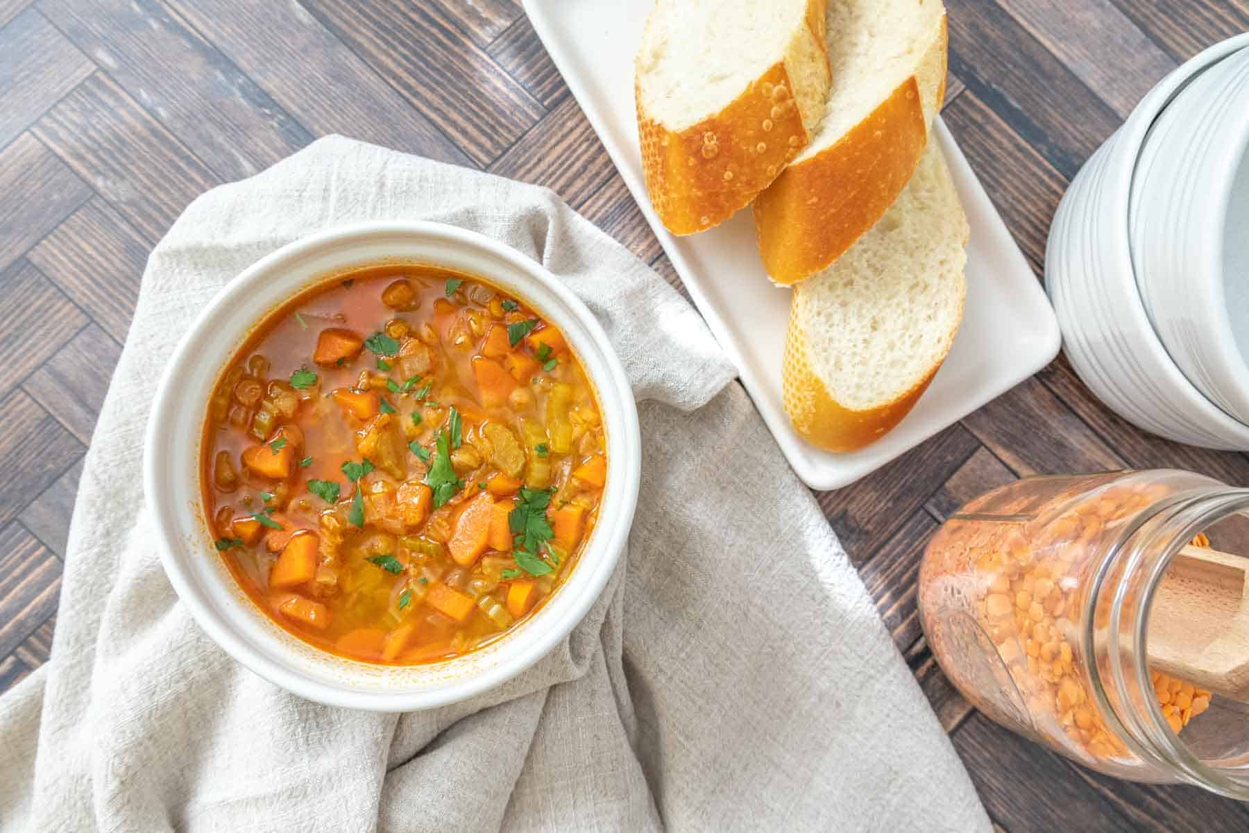 Hearty lentil soup with vegetables and seasoning.