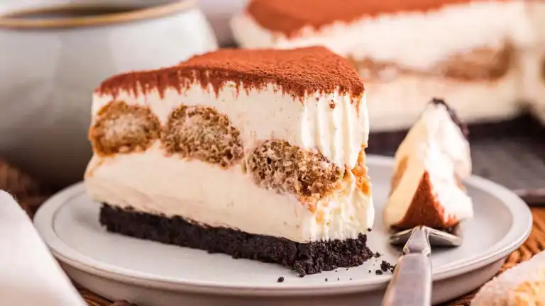 Tiramisu cheesecake dusted with cocoa powder.