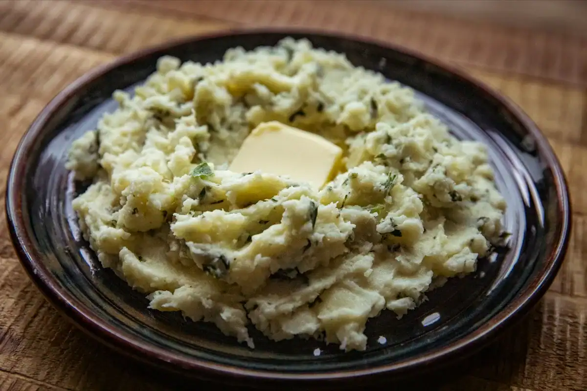 Traeger-cooked colcannon with mashed potatoes and cabbage.