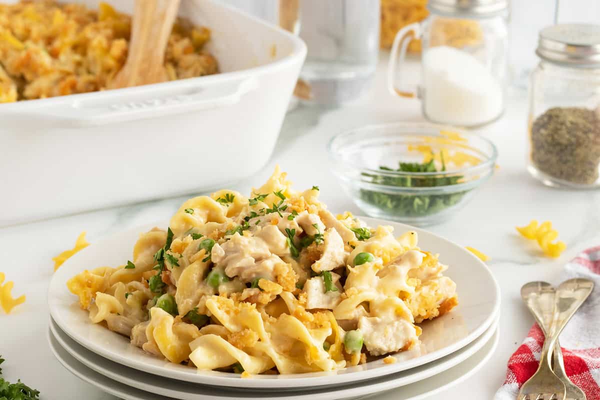 Creamy turkey casserole with noodles and vegetables.