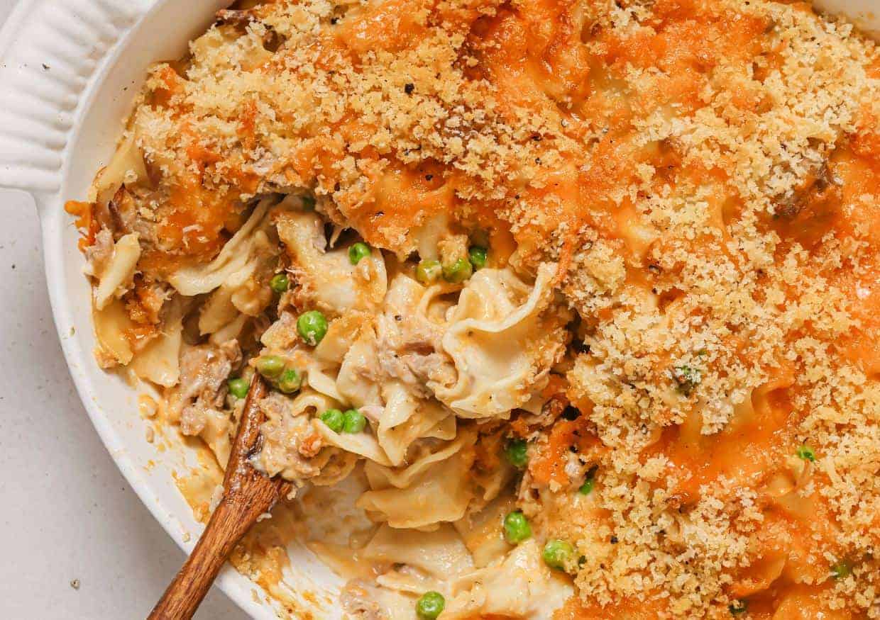 Easy Tuna Noodle Casserole in a baking tray.