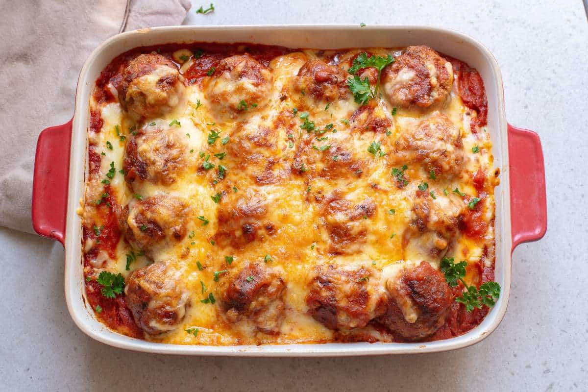 Hearty meatballs baked with pasta, cheese, and rich tomato sauce.