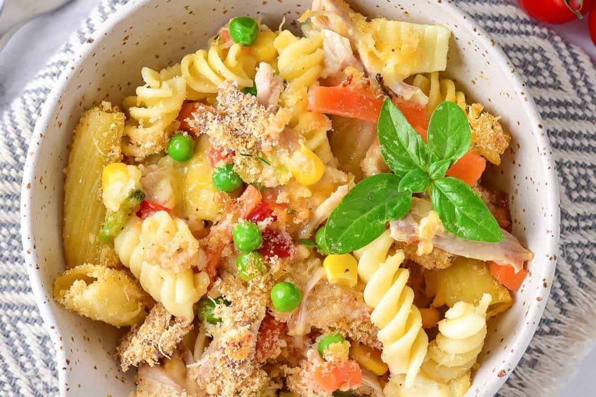 Hearty turkey pasta casserole with creamy sauce.