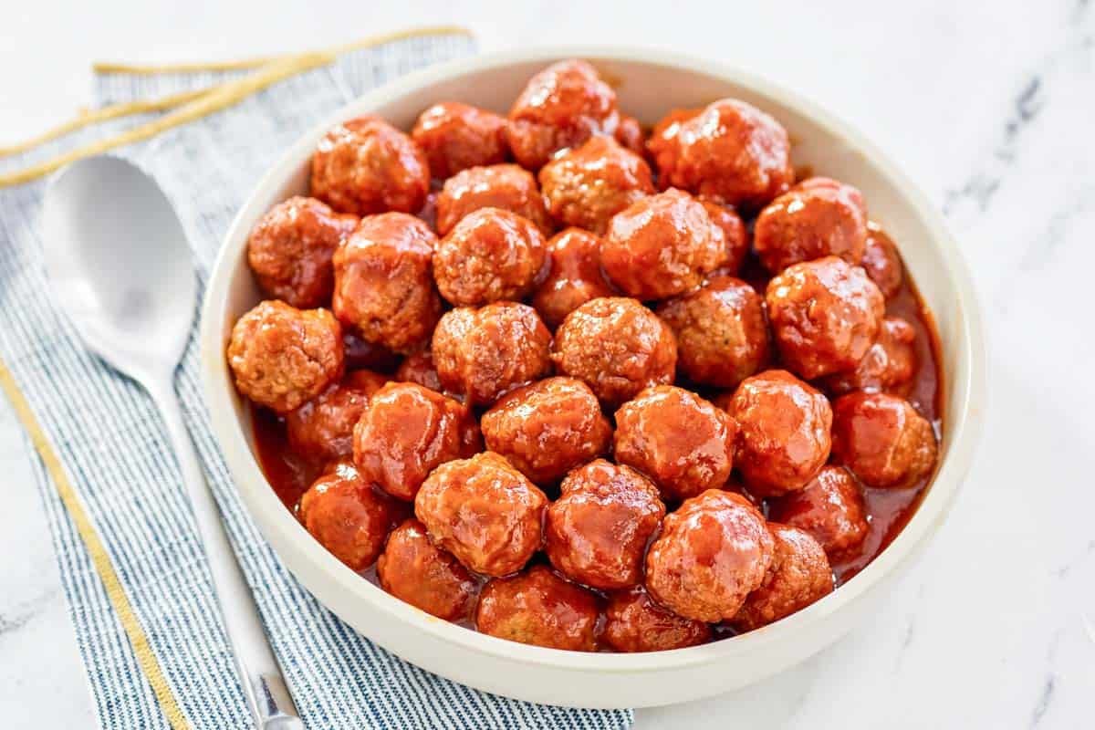 Meatballs glazed with bourbon sauce.