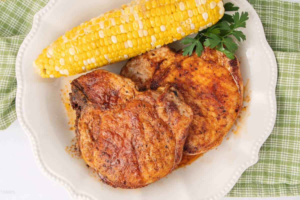 Bone-in pork chops crisped in the air fryer.