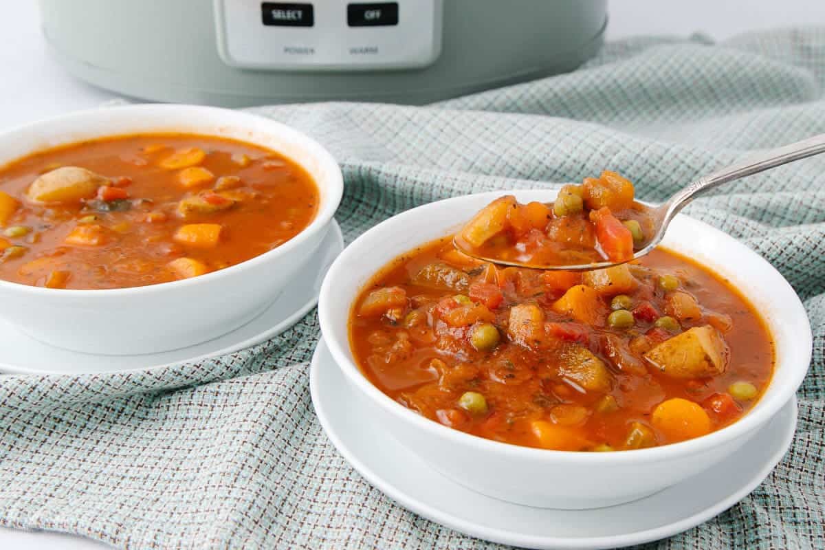 Vegetable soup cooked in a crock pot.
