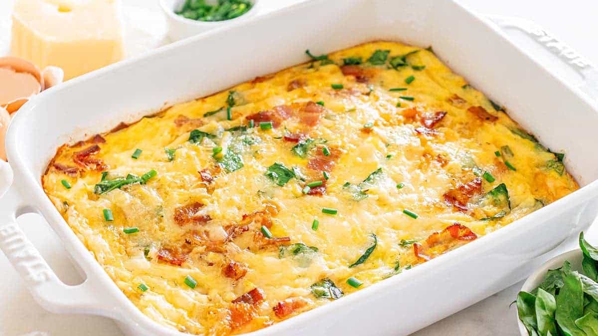 Cheesy breakfast bake loaded with eggs, potatoes, and flavor.