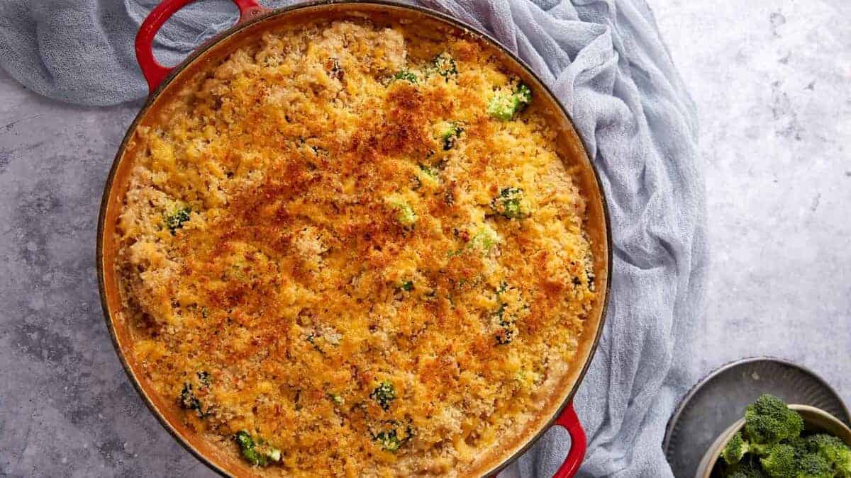 Baked rice casserole mixed with broccoli and cheese.