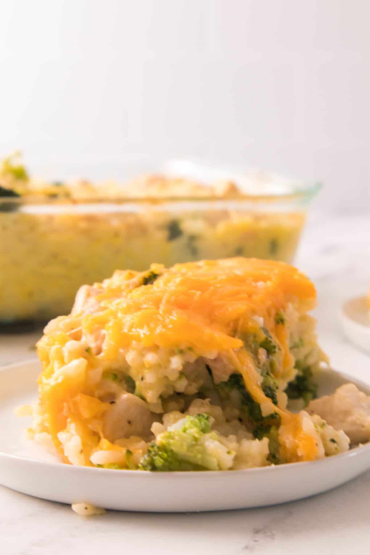 Family-friendly cheesy chicken broccoli rice casserole plated for an easy weeknight dinner.