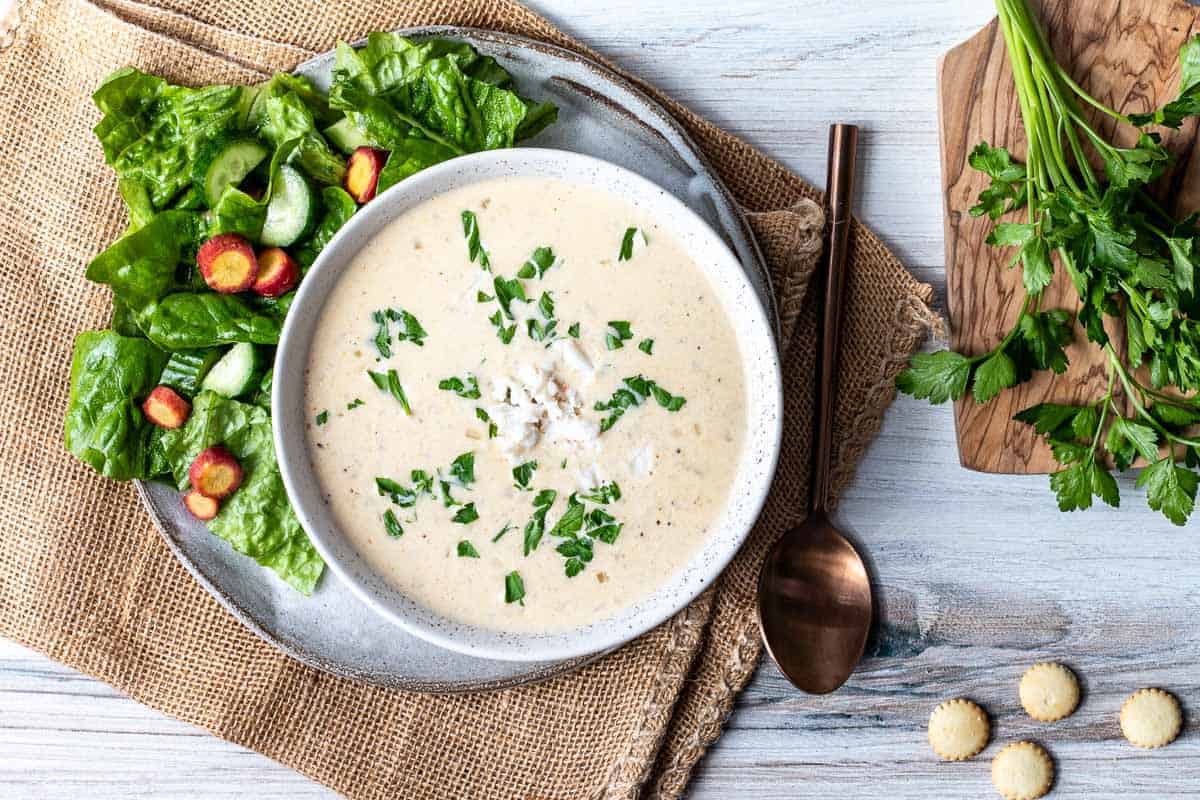 Smooth creamy soup filled with crab meat.